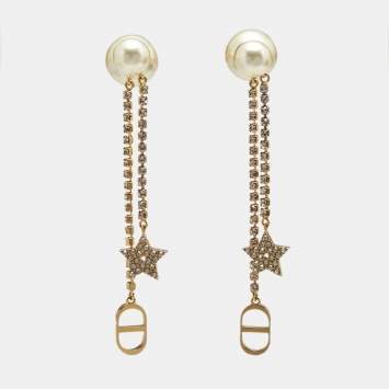 Pre Owned Dior Tribales Crystals Faux Pearl Gold Tone Earrings