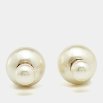 Pre Owned Dior Tribales Faux Pearl Gold Tone Stud Earrings