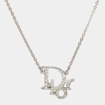 Pre Owned Dior Silver Tone Crystal Accented Logo Pendant Necklace