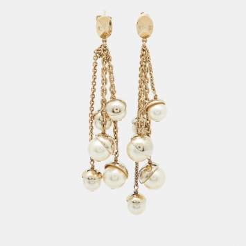 Pre Owned Dior Mise en Dior Faux Pearl Gold Tone Dangle Earrings