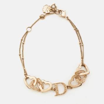 Pre Owned Dior Interlocking Heart Crystal Gold Tone Bracelet
