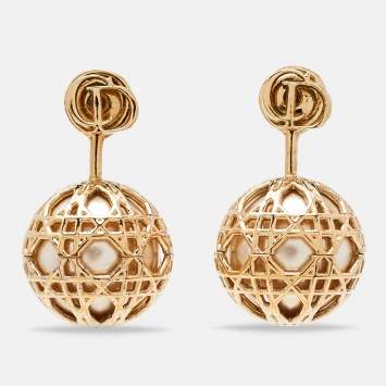Pre Owned Dior Secret Cannage Faux Pearl Gold Tone Drop Earrings
