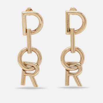Pre Owned Dior Vertical Logo Gold Tone Drop Earrings 