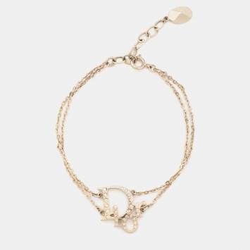 Pre Owned Dior Oblique Charm Crystals Gold Tone Double Chain Bracelet