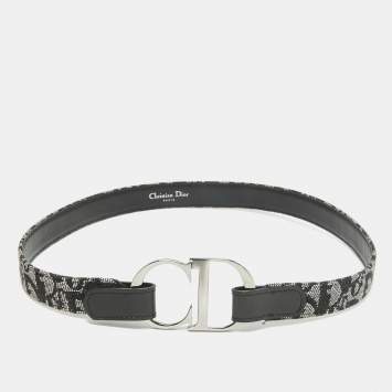 Pre Owned Dior Black Oblique Canvas and Leather CD Logo Buckle Belt 75 CM
