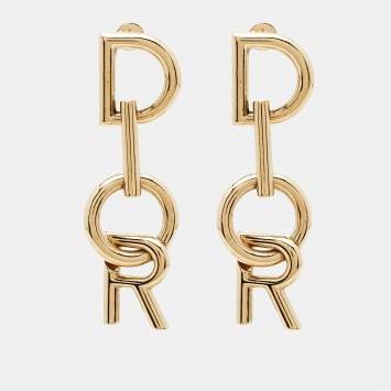 Pre Owned Dior Vertical Logo Gold Tone Drop Earrings