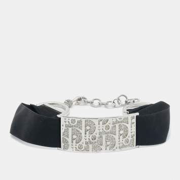 Pre Owned Dior Crystals Fabric Silver Tone Trotter Choker