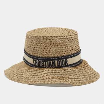 Pre Owned Christian Dior Brown Embroidered Band Straw D-Bobby Large Brim Hat