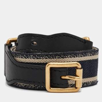 Dior Navy Blue Embroidered Canvas and Black Leather Buckle Belt 80CM