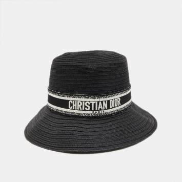 Pre Owned Christian Dior Black Embroidered Band Straw Dioresort Large Brim Hat
