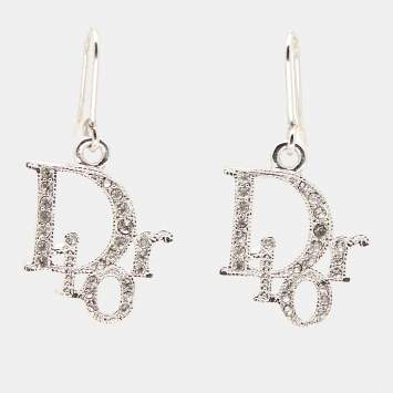 Pre Owned Dior Crystal Accented Logo Silver Tone Drop Earrings