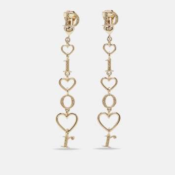Pre Owned Dior Heart Letter Spell Out Gold Tone Crystal Drop Earrings