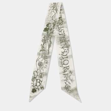 Pre Owned Dior White/Green Printed Silk Botanique Mitzah Scarf