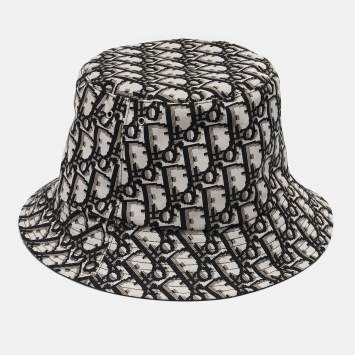 Pre Owned Christian Dior Black Logo Oblique Cotton Blend Reversible Bucket Hat 