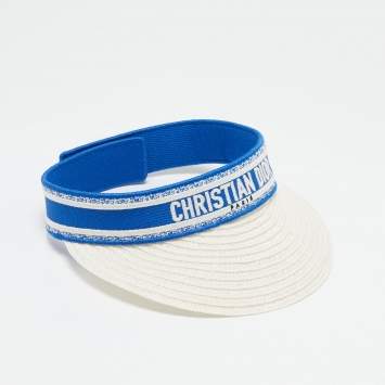 Christian Dior Blue/White Logo Embroidered Straw D-Ocean Visor 