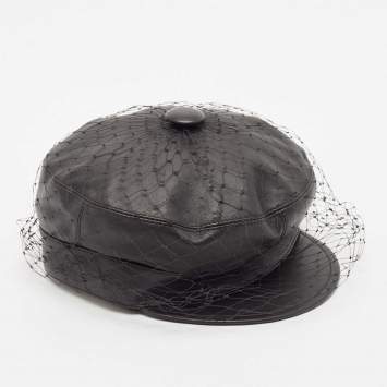 Pre Owned Christian Dior Black Leather Arty Beret Cap With Veil 