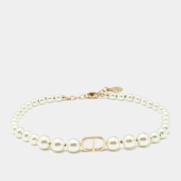 Pre Owned Dior 30 Montaigne Faux Pearl Gold Tone Choker Necklace
