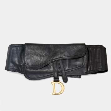 Pre Owned Dior Black Glossy Leather and Stretch Band Saddle Belt S/M