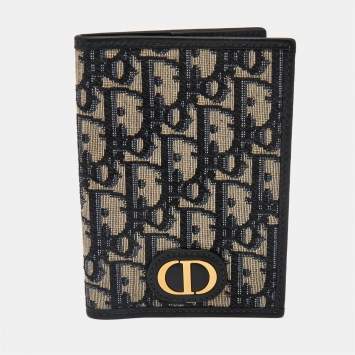 Pre Owned Dior Navy Blue Oblique Canvas and Leather Vertical Passport Holder