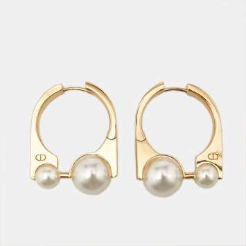 Pre Owned Dior Tribales Faux Pearl Gold Tone Earrings