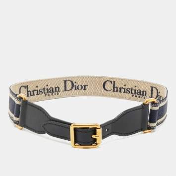 Dior Navy Blue/Black Embroidered Canvas and Leather Waist Buckle Belt 75CM