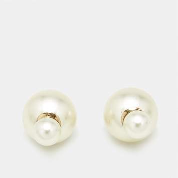 Pre Owned Dior Tribales Faux Pearl Gold Tone Earrings