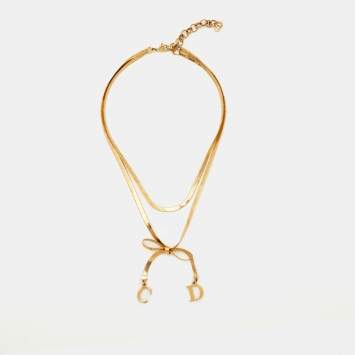 Pre Owned Dior Vintage CD Bow Gold Plated Double Chain Necklace