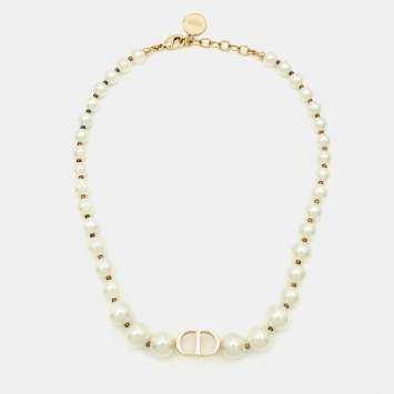 Pre Owned Dior 30 Montaigne CD Faux Pearl Gold Tone Necklace
