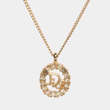 Pre Owned Dior Gold Tone Rhinestone Logo Pendant Necklace 