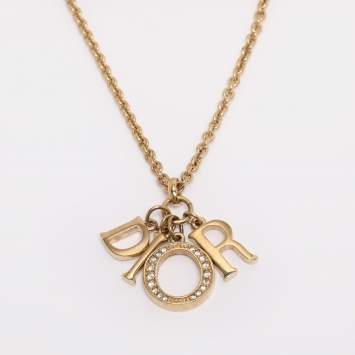 Pre Owned Dior Gold Tone Rhinestone Lady Dior Pendant Necklace