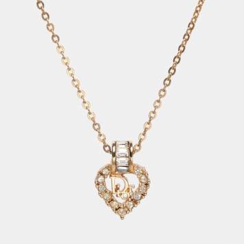 Pre Owned Dior Gold Tone Rhinestone Logo Heart Pendant Necklace 