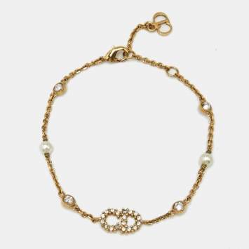 Pre Owned Dior Clair D Lunes Crystals Faux Pearls Gold Tone Bracelet