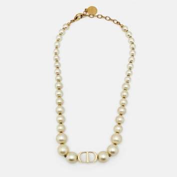 Pre Owned Dior 30 Montaigne Faux Pearl Gold Tone Choker Necklace