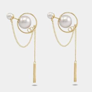Pre Owned Dior CD Faux Pearl Gold Tone Earrings