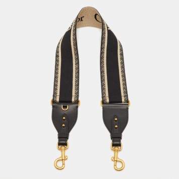 Pre Owned Dior Black/Off White Embroidered Canvas and Leather Shoulder Bag Strap