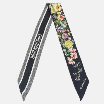 Pre Owned Dior Midnight Blue Floral Print Silk Mitzah Scarf