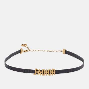 مملوكة مسبقًا Dior J'Adior Black Ribbon Gold Tone Slide Pendant Choker Necklace