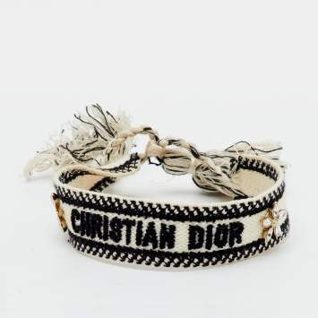 Pre Owned Christian Dior Black Floral Motif Embroidered Woven Tassel Bracelet 