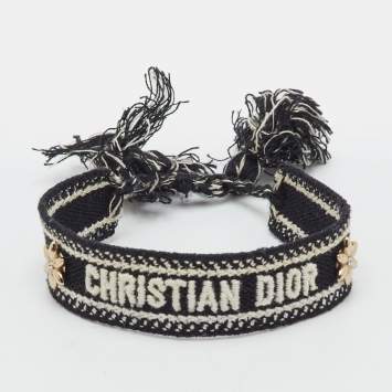 Pre Owned Christian Dior Black Floral Motif Embroidered Woven Tassel Bracelet 