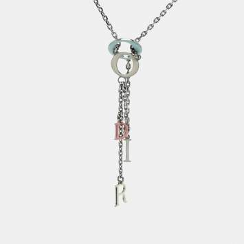 Pre Owned Dior Enamel Logo Silver Tone Tassel Necklace
