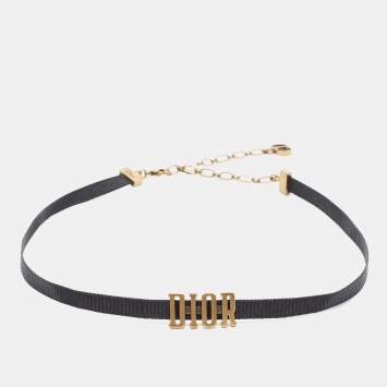 Pre Owned Dior Gold Tone Logo Grosgrain Ribbon Choker Necklace 