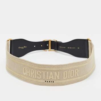 Pre Owned Dior CD Logo 85 CM Waist Belt Beige/Black Embroidered Canvas and Leather