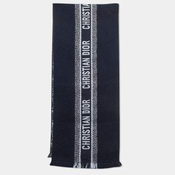 مملوكة مسبقًا Christian Dior Navy Blue Oblique Wool University Reversible Scarf One Size