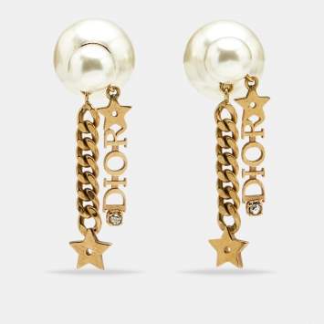مملوكة مسبقًا Dior Tribales Logo Star Charm Faux Pearl Crystals Gold Tone Drop Earrings 