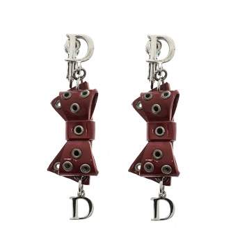 Pre Owned Dior Red Bow Patent Leather Silver Tone Drop Earrings