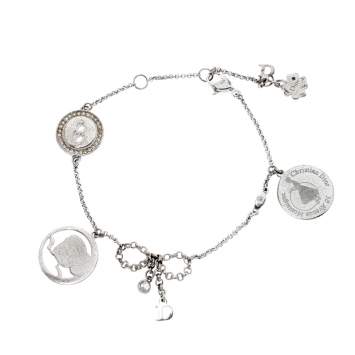 Pre Owned Dior Button Bow Crystal Silver Tone Charm Bracelet