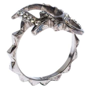 Pre Owned Dior Crystal Logo Silver Tone Ring Size 54