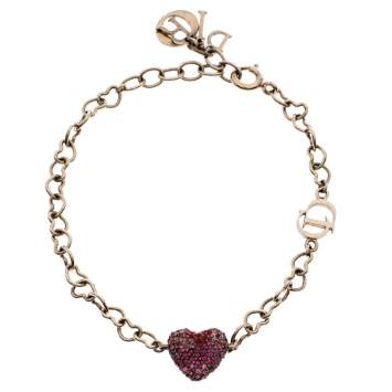 Pre Owned Dior Silver Tone Pink & Red Crystal Studded Heart Charm Bracelet