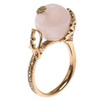 Pre Owned Christian Dior Gold Tone Faux Pearl Ball Crystal Embellished Ring Size 55