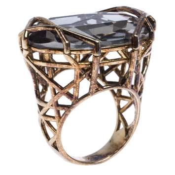 Pre Owned Dior Gold Tone Crystal Cannage Cocktail Ring Size 58